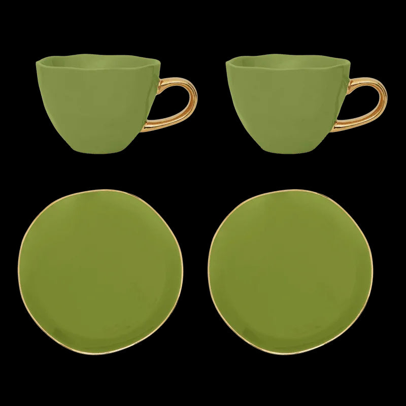 Good Morning Cup Cappuccino/Tea and Plate evergreen sprig, set of 4, in gift pack