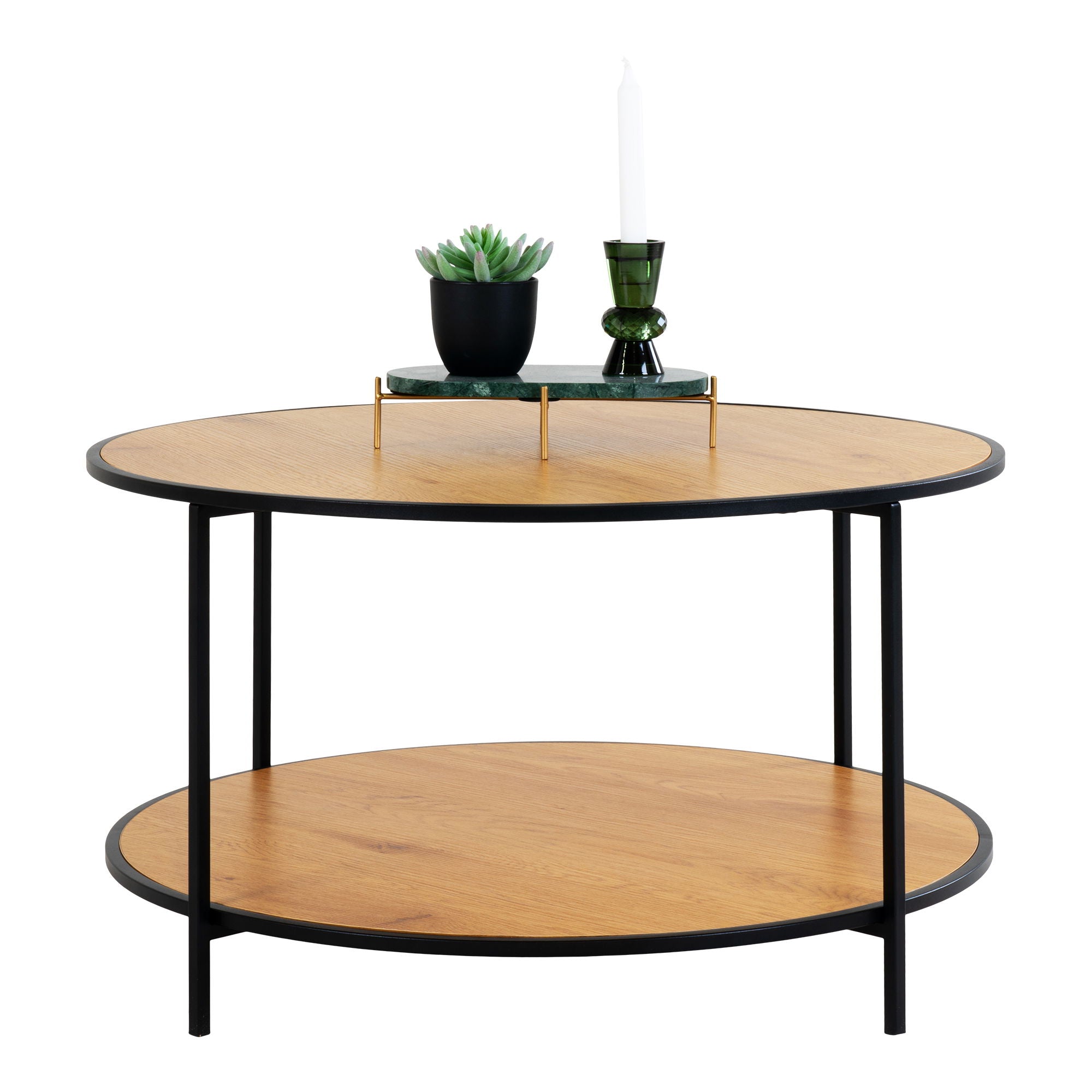 Vita Coffee Table - Round coffee table with black frame and oak look tops Ø80x45 cm