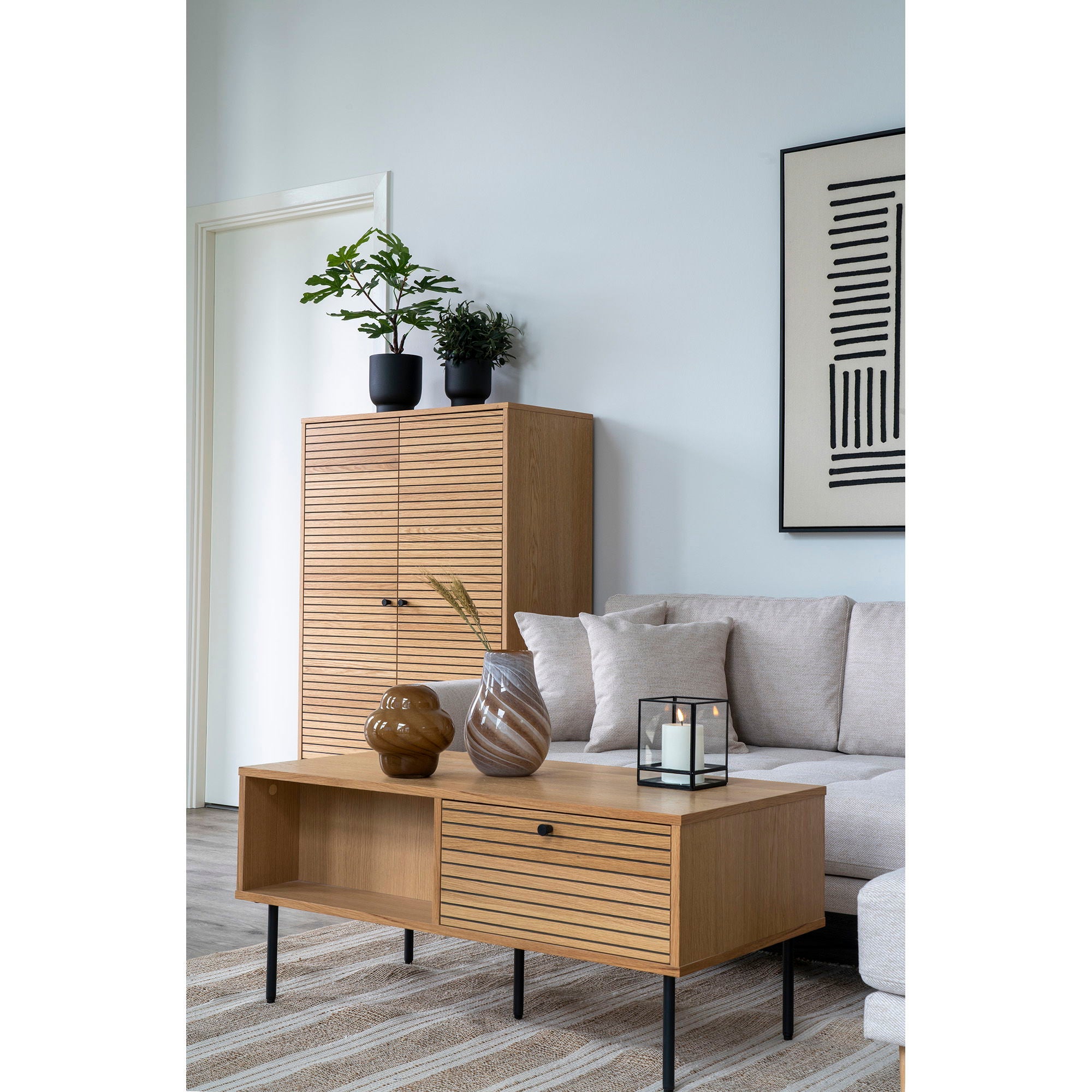 Kyoto Coffee Table - Coffee Table, oak veneer, black metal legs, 2 drawers 50x100x45 cm