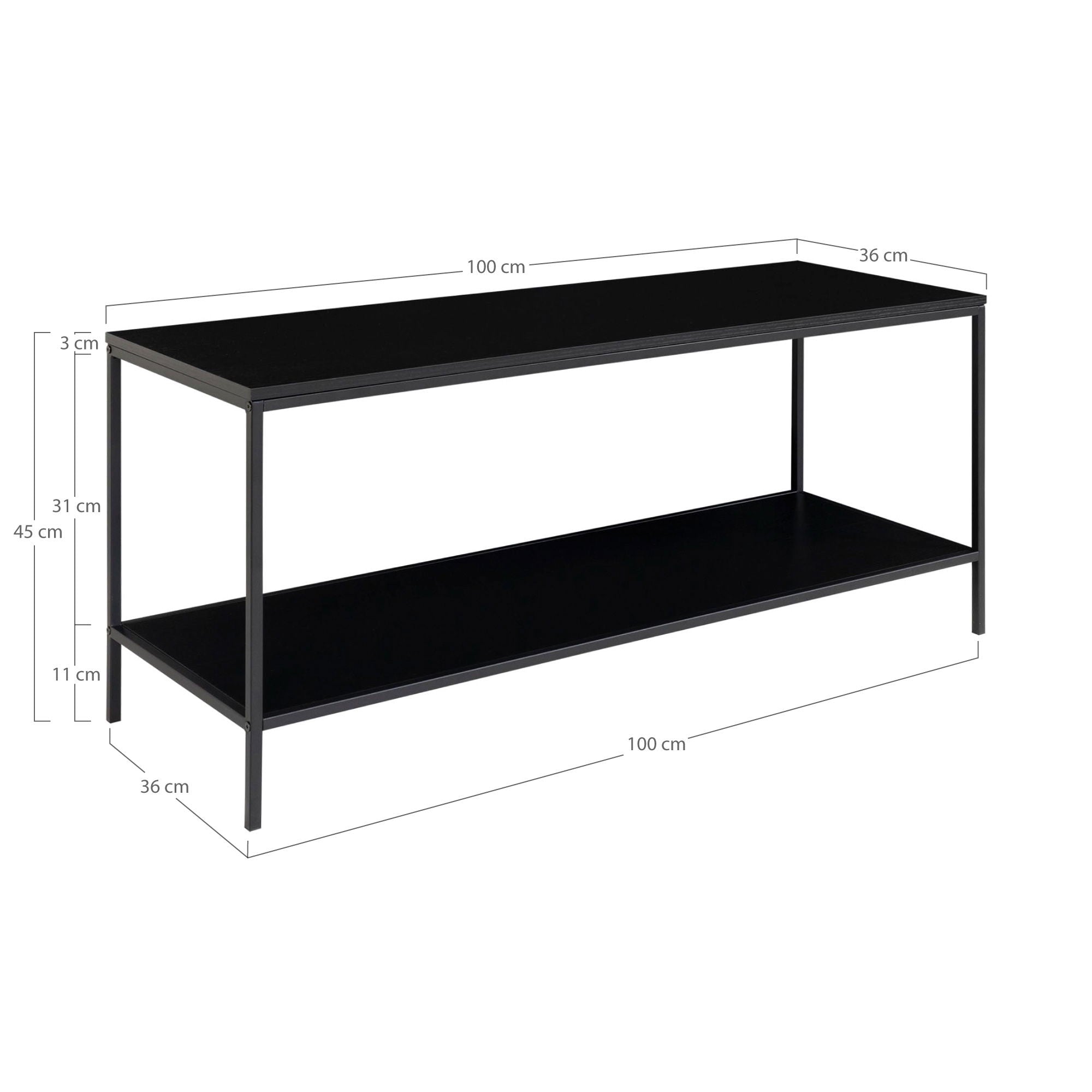 Vita TV Stand - TV table with black frame and two black shelves 100x36x45 cm