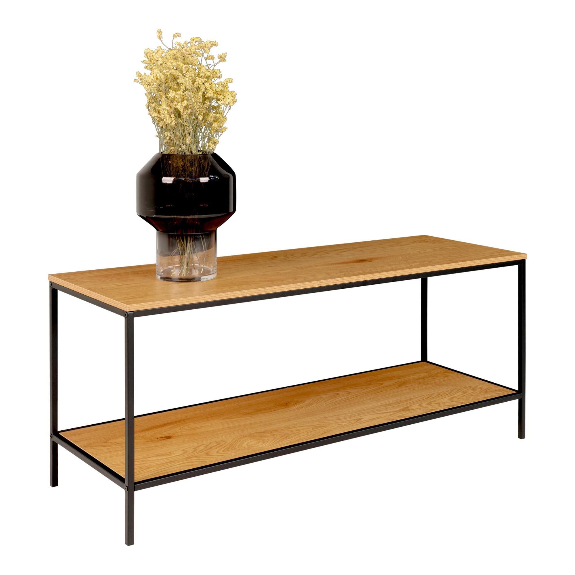 Vita TV Stand - TV table with black frame and two oak look shelves 100x36x45 cm