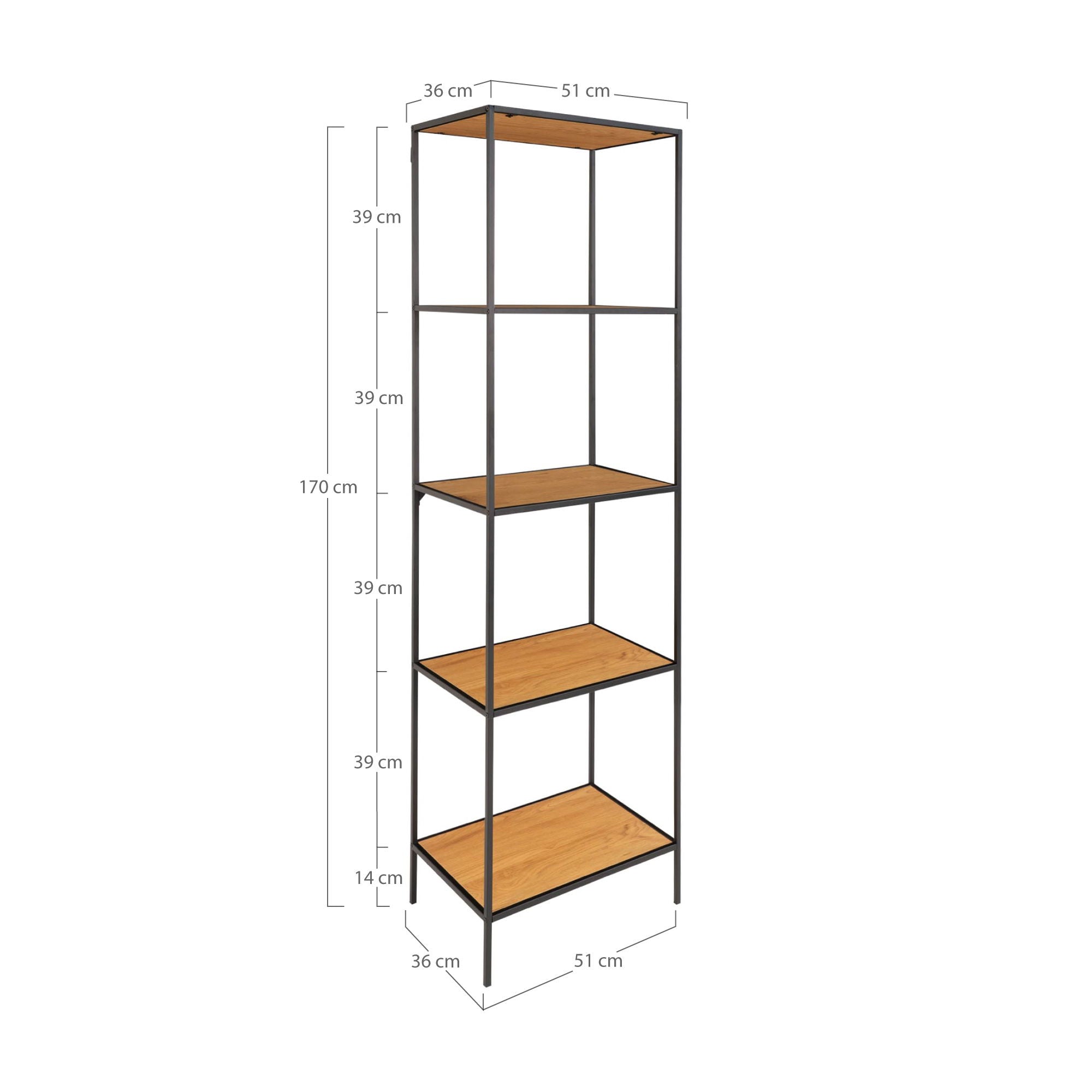 Vita Shelf - Shelf with black frame and 5 oaklook shelves 51x36x170 cm