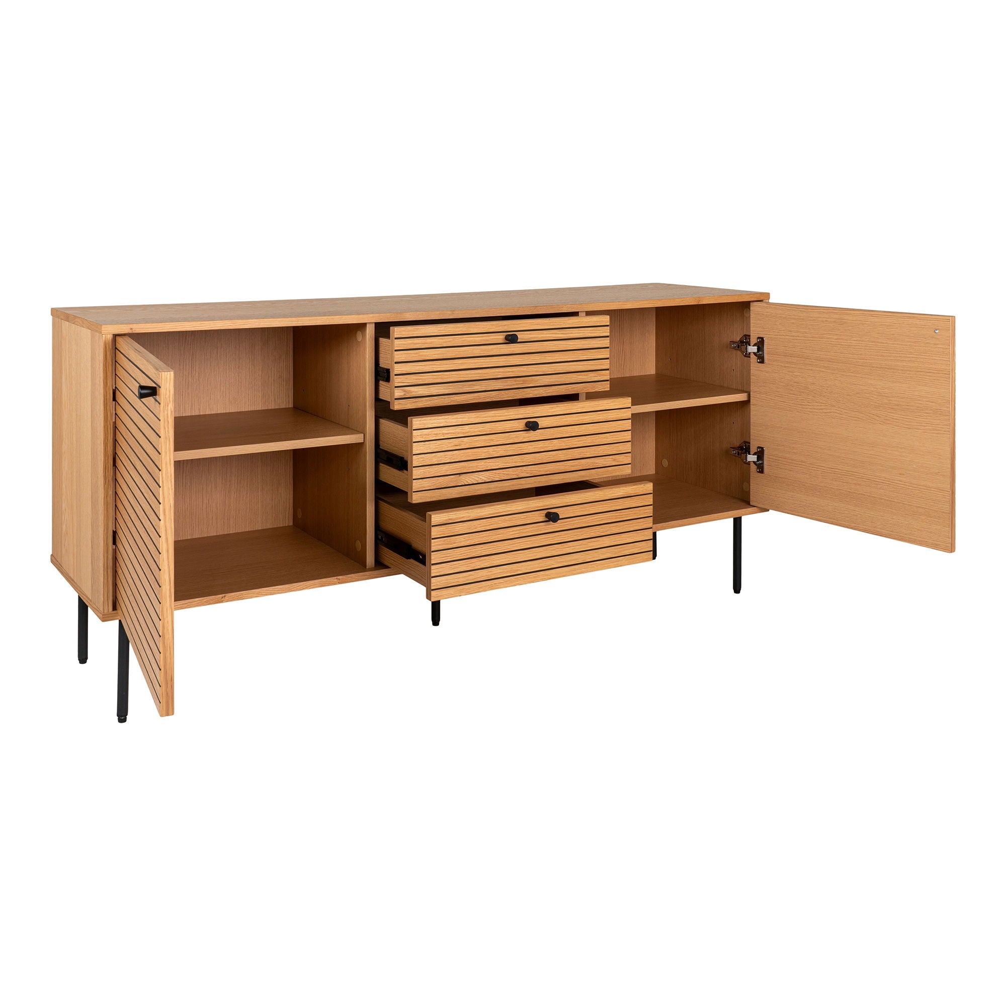 Kyoto Sideboard - Sideboard, oak veneer, black metal legs, 3 drawers and 2 doors , 150x40x74 cm