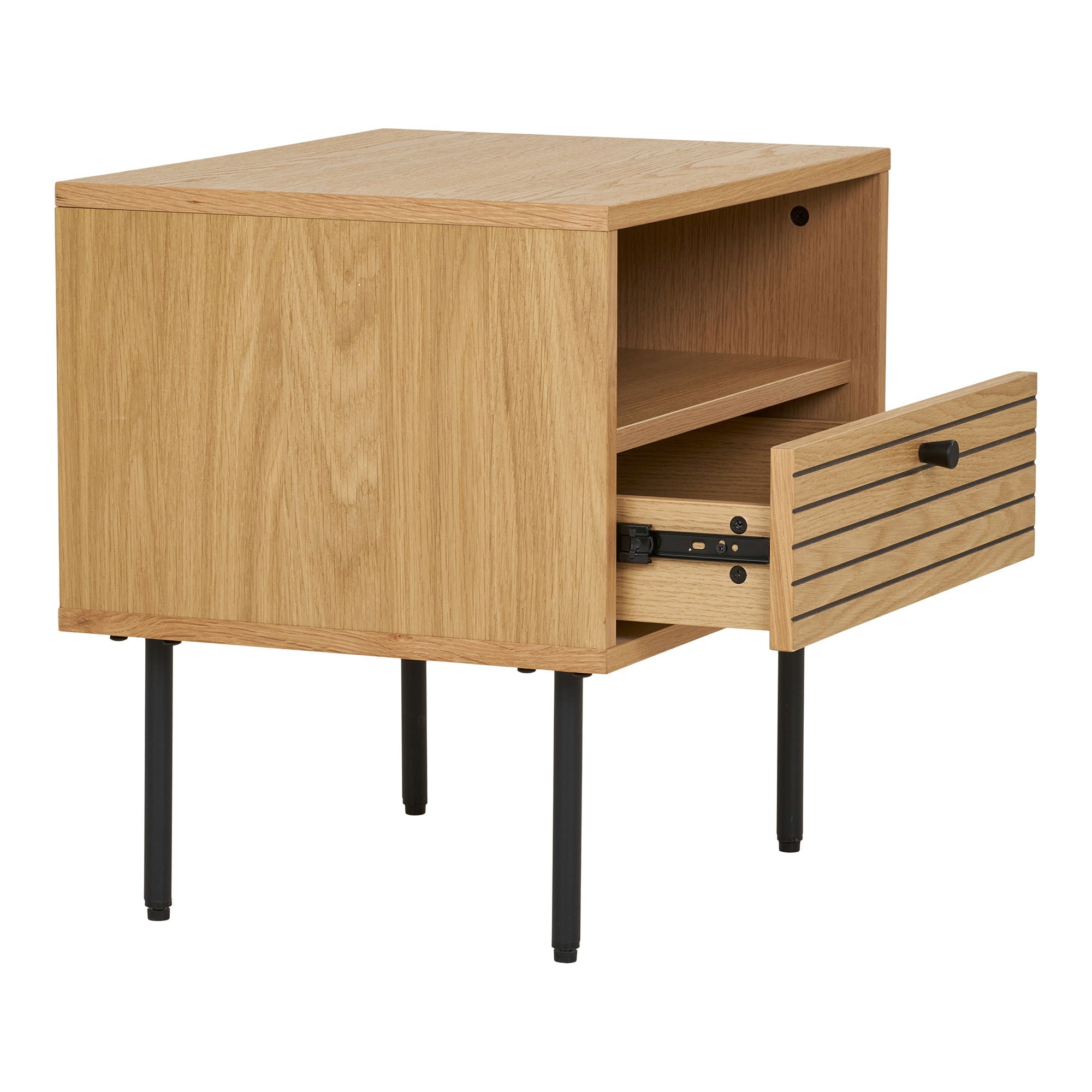 Kyoto Side Table - Side table, oak veneer, black metal legs, 1 drawer 50x40x50 cm