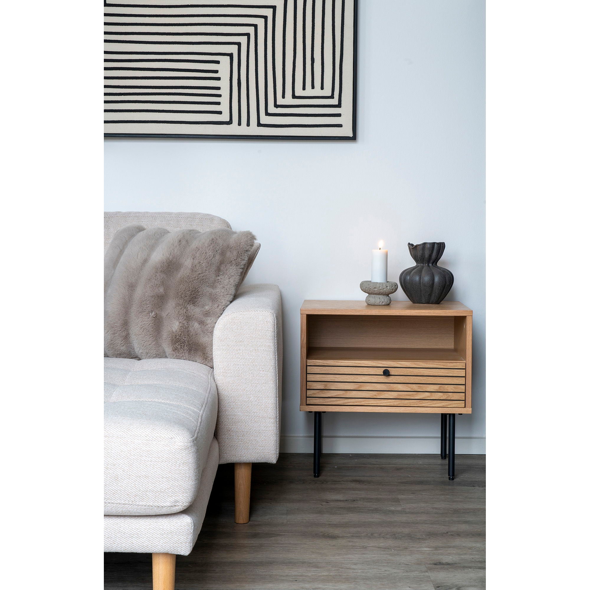 Kyoto Side Table - Side table, oak veneer, black metal legs, 1 drawer 50x40x50 cm