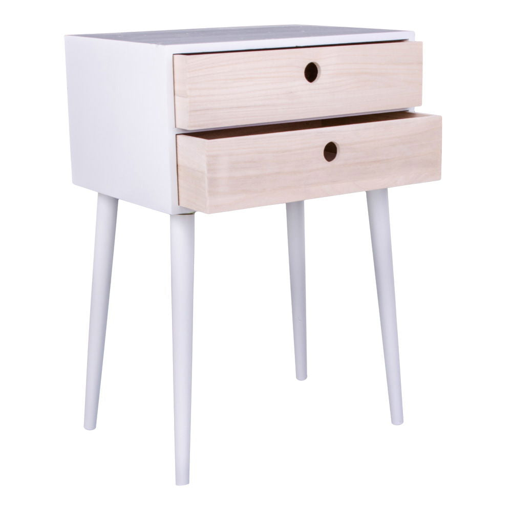 Rimini Bedside Table - Bedside table in white with 2 natural wood drawer