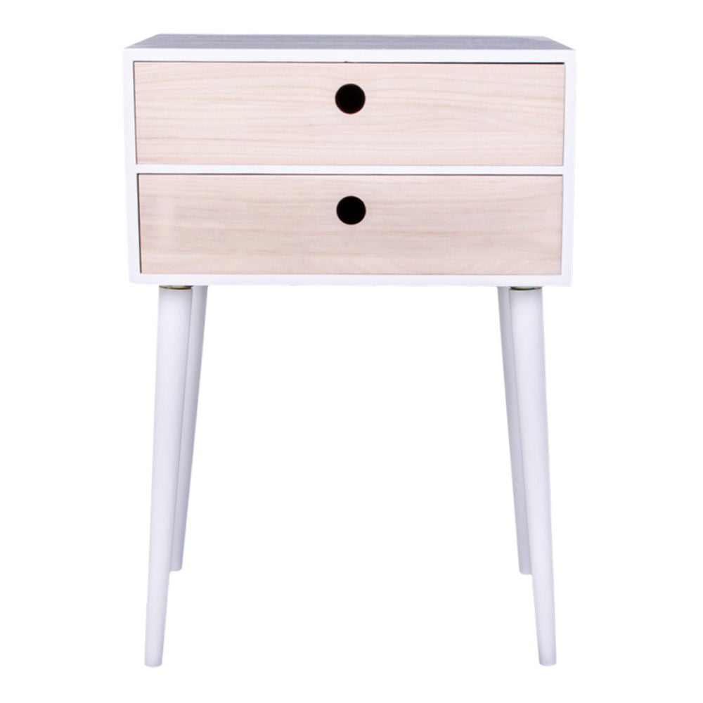 Rimini Bedside Table - Bedside table in white with 2 natural wood drawer