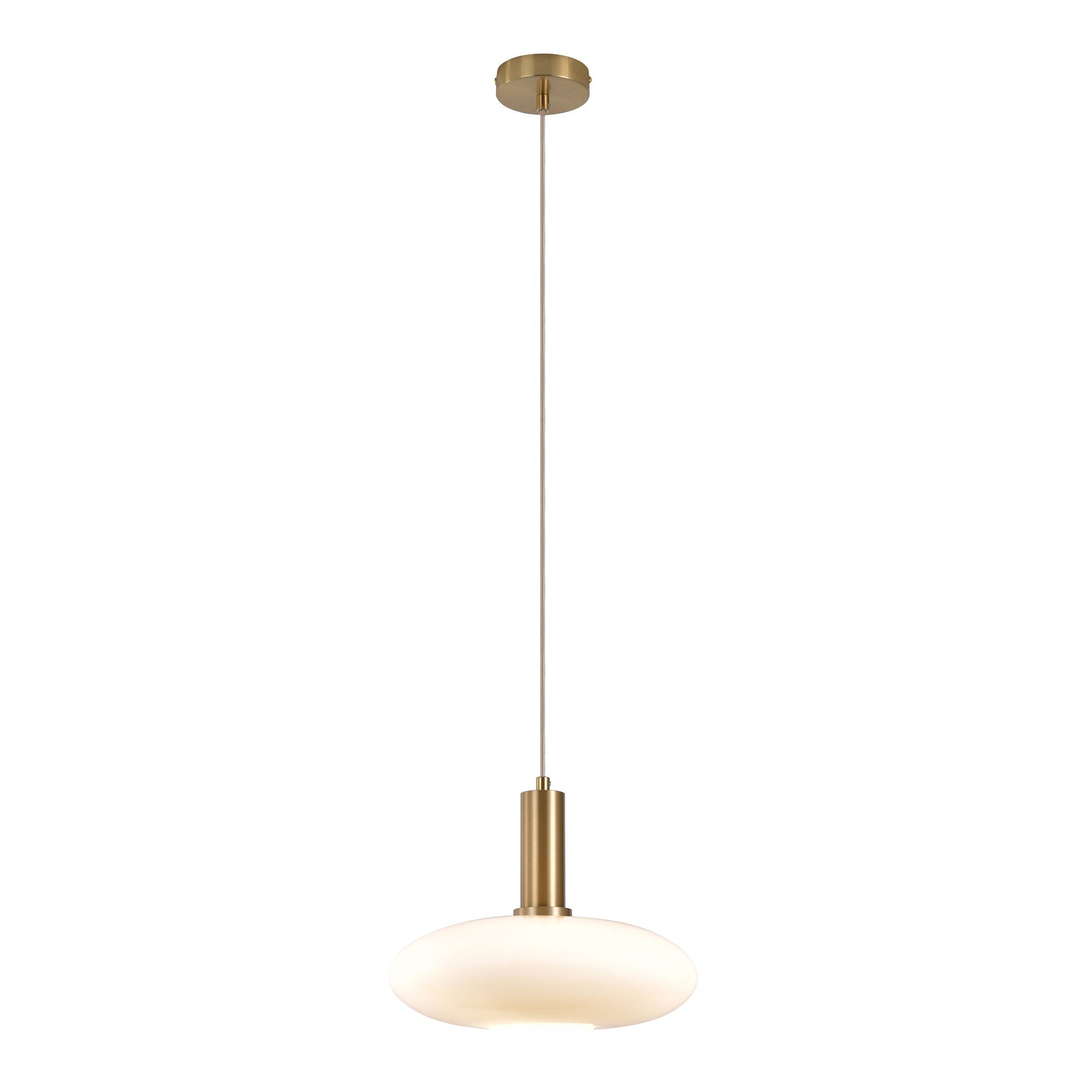 Chelsea Pendant - Pendant in elipsoid shaped white glass and brass socket, 150 cm fabric cord 150 cm fabric cord Bulb: E27/40W