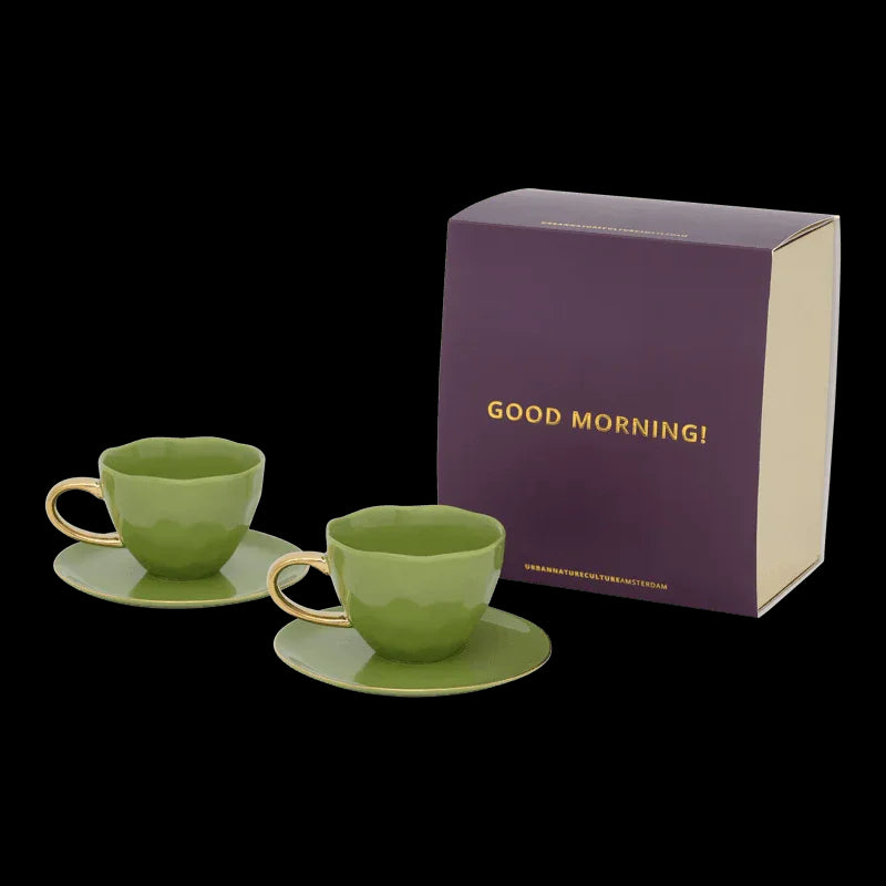 Good Morning Cup Cappuccino/Tea and Plate evergreen sprig, set of 4, in gift pack