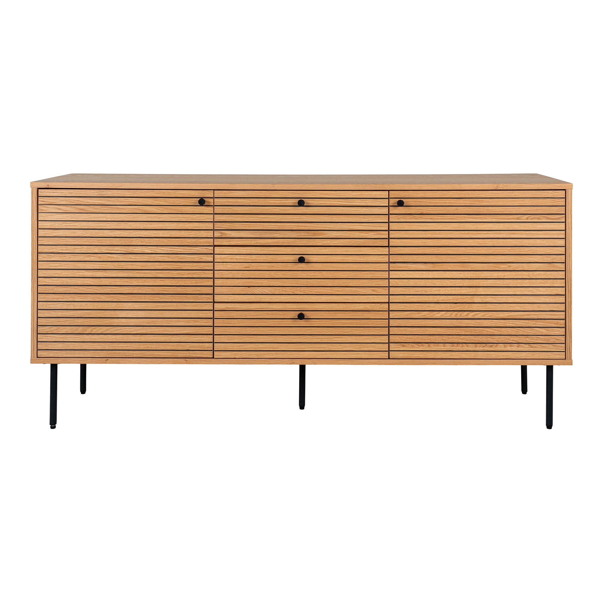Kyoto Sideboard - Sideboard, oak veneer, black metal legs, 3 drawers and 2 doors , 150x40x74 cm