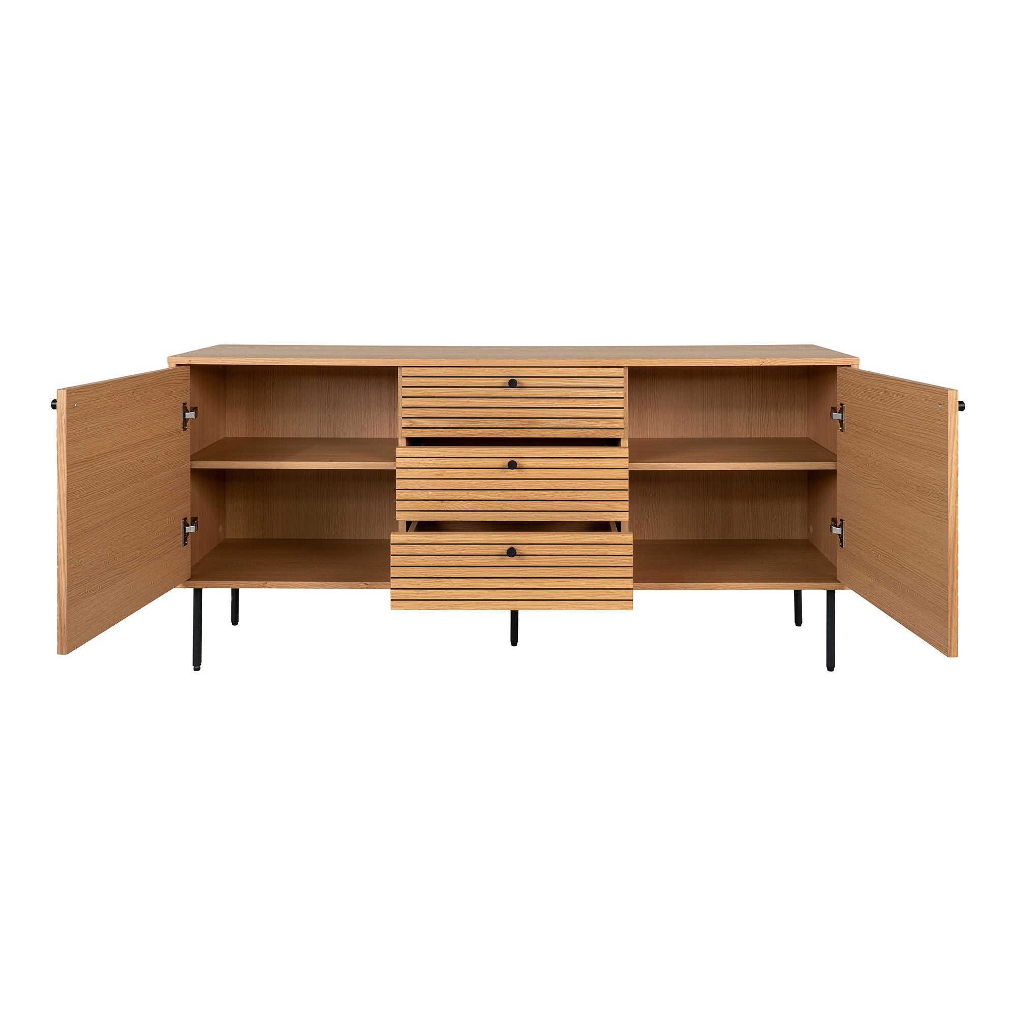 Kyoto Sideboard - Sideboard, oak veneer, black metal legs, 3 drawers and 2 doors , 150x40x74 cm