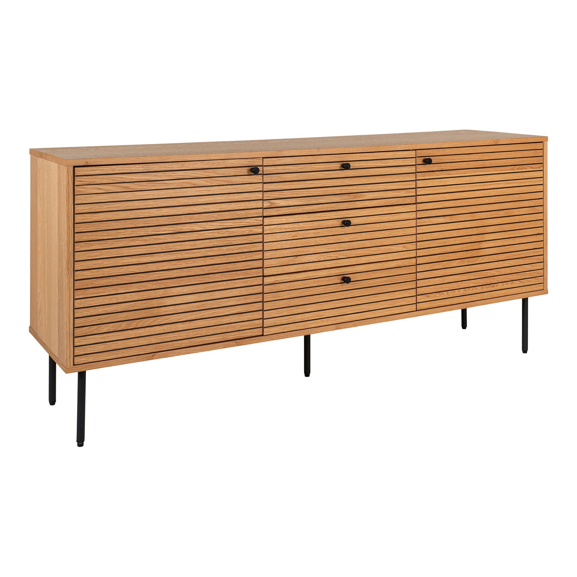 Kyoto Sideboard - Sideboard, oak veneer, black metal legs, 3 drawers and 2 doors , 150x40x74 cm