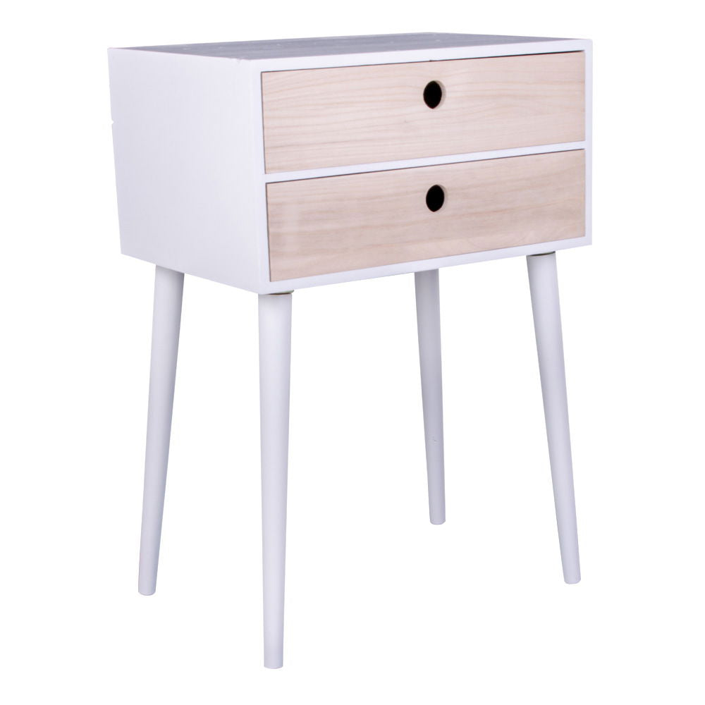 Rimini Bedside Table - Bedside table in white with 2 natural wood drawer