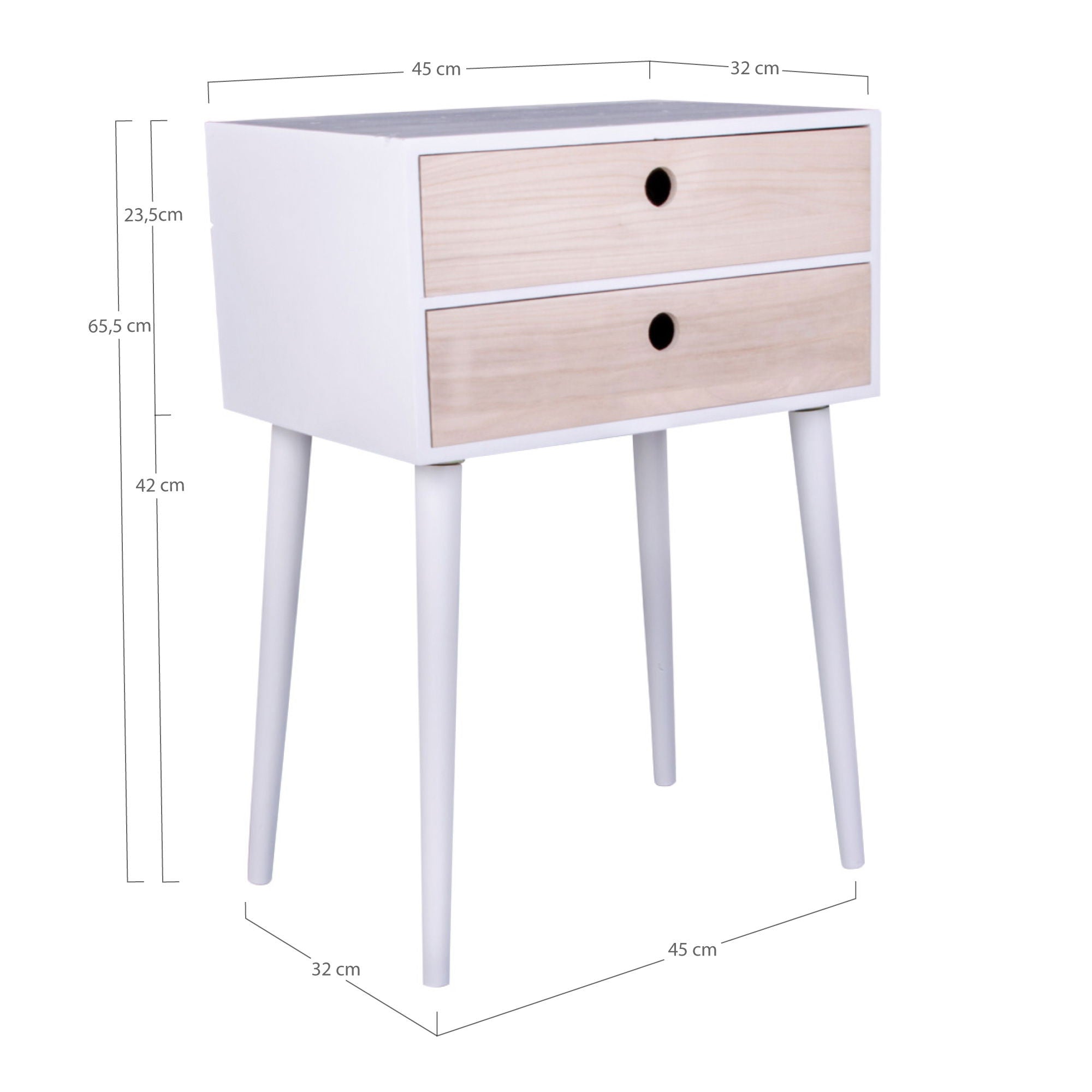 Rimini Bedside Table - Bedside table in white with 2 natural wood drawer
