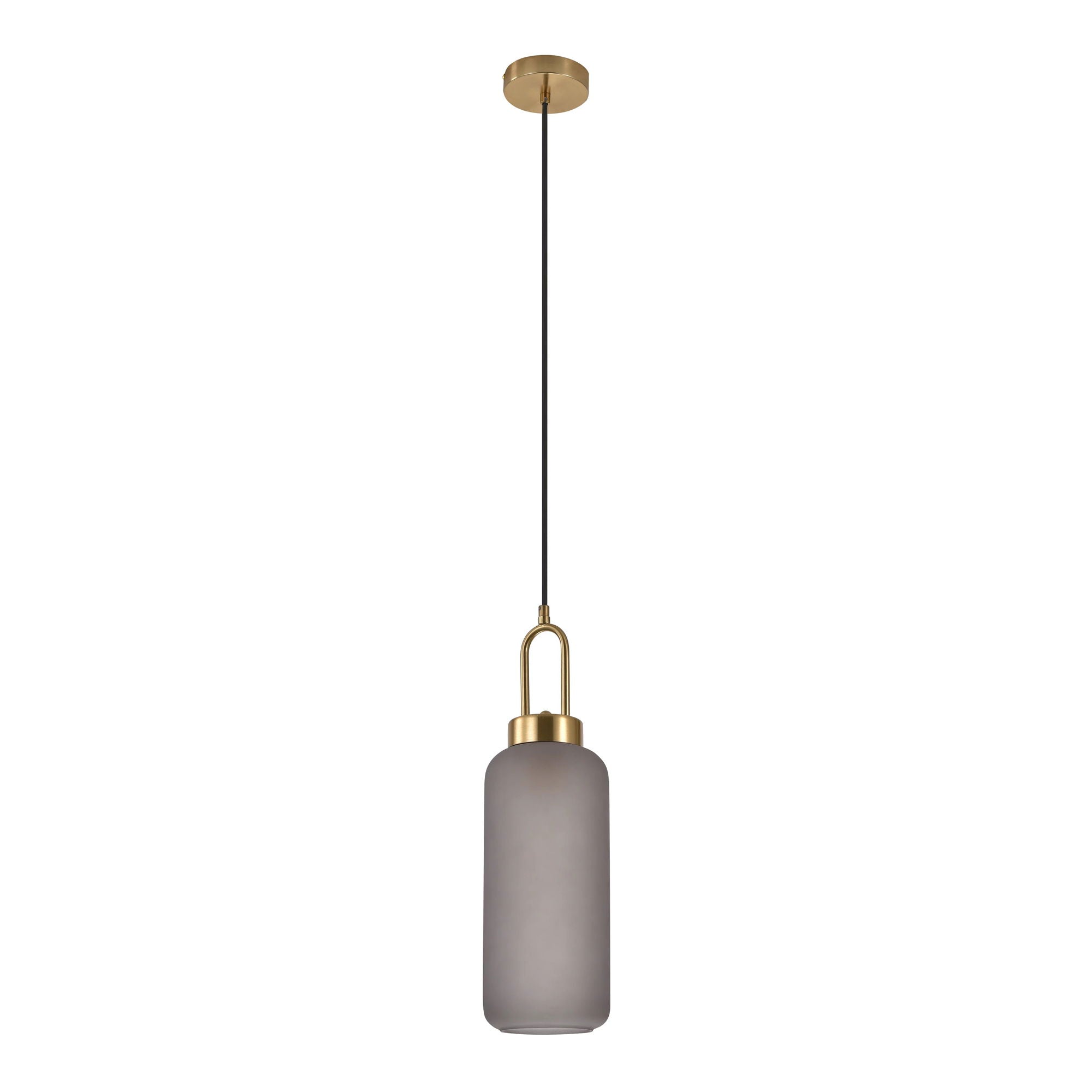 Luton Pendant - Pendant in cylinder shaped mat smokey glass and brass socket, 150 cm fabric cord 150 cm fabric cord Bulb: E27/40W
