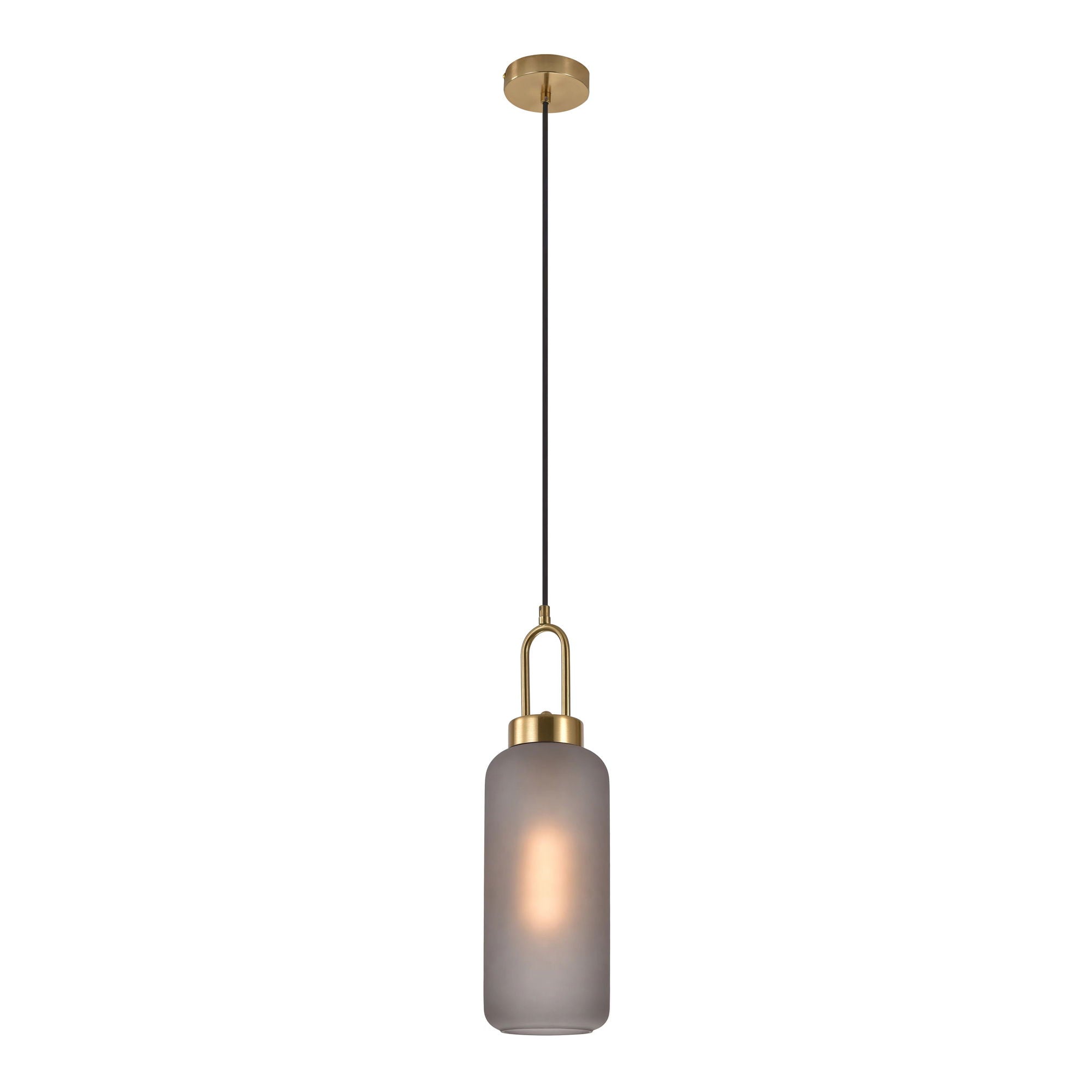 Luton Pendant - Pendant in cylinder shaped mat smokey glass and brass socket, 150 cm fabric cord 150 cm fabric cord Bulb: E27/40W