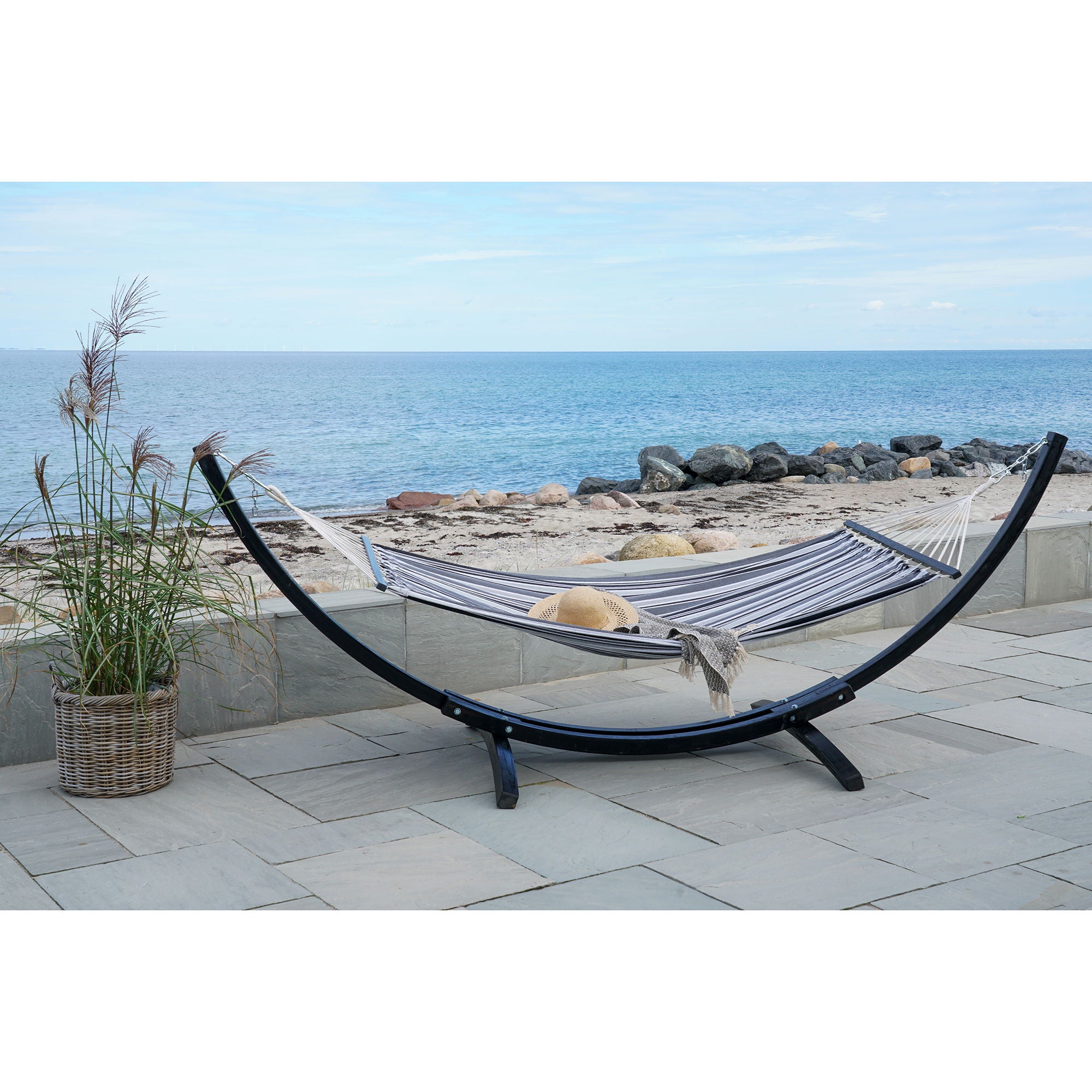 Tripoli Hammock  - Hammock on wooden stand, larch, polyester/cotton, black/grey/white