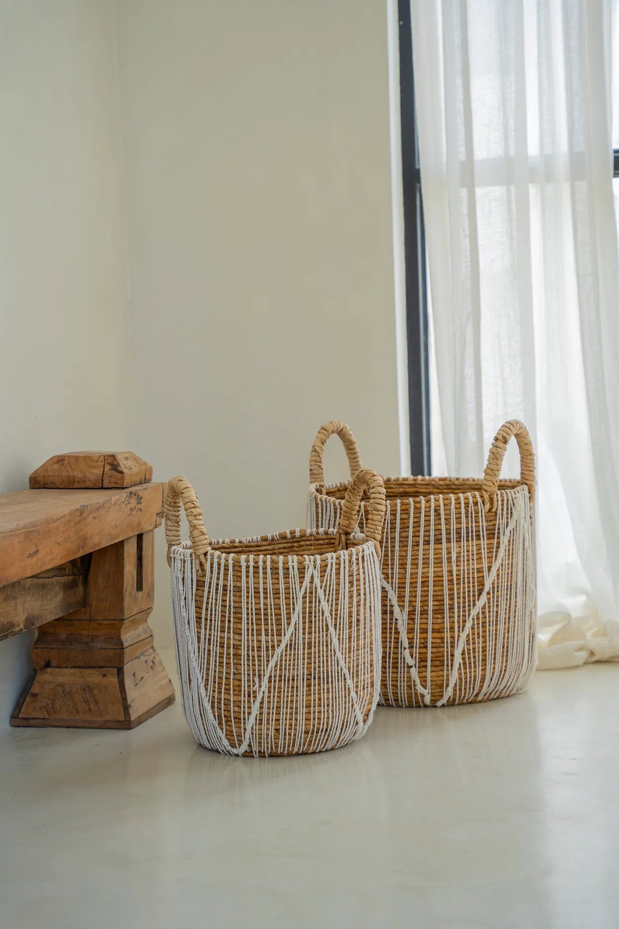 De Straight Stitched Macrame Mand - Naturel Wit - S