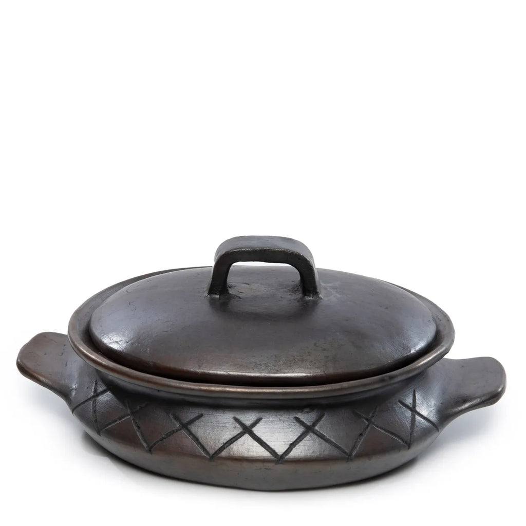 The Burned Oval Pot With Pattern And Handles - Black