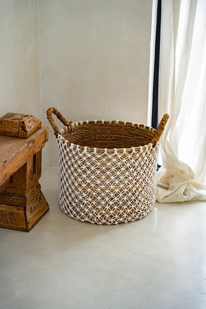 The Cross Stitched Macrame Basket - Natural White - L